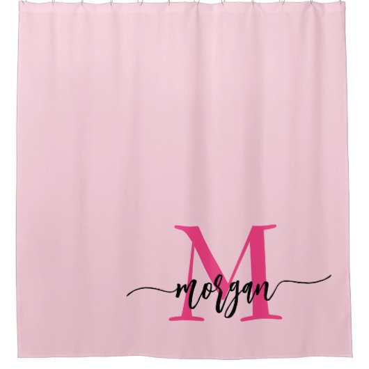 Hot Pink Modern Script Girly Monogram Naam Douchegordijn (Voorkant)