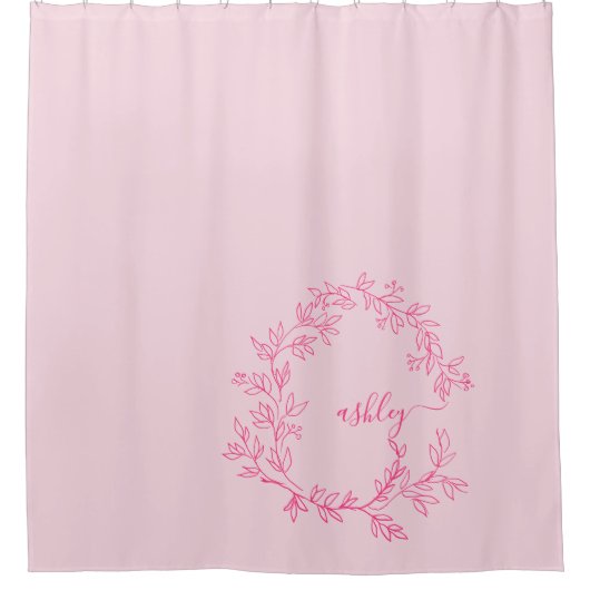 Hot Pink Modern Script Girly Monogram Naam Douchegordijn (Voorkant)