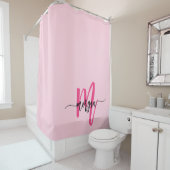 Hot Pink Modern Script Girly Monogram Naam Douchegordijn (In situ)