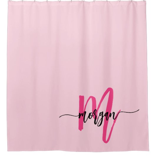 Hot Pink Modern Script Girly Monogram Naam Douchegordijn (Voorkant)