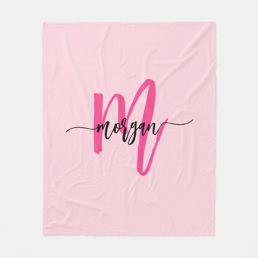 Hot Pink Modern Script Girly Monogram Naam Fleece Deken (Voorkant)
