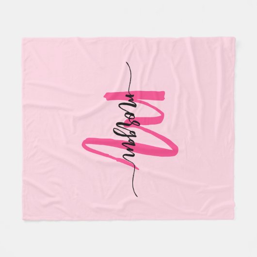 Hot Pink Modern Script Girly Monogram Naam Fleece Deken (Voorkant (Horizontaal))