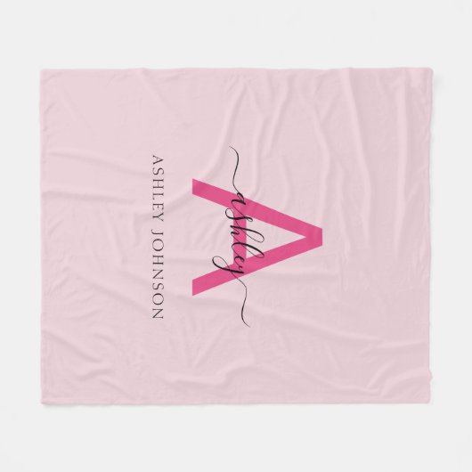Hot Pink Modern Script Girly Monogram Naam Fleece Deken (Voorkant (Horizontaal))