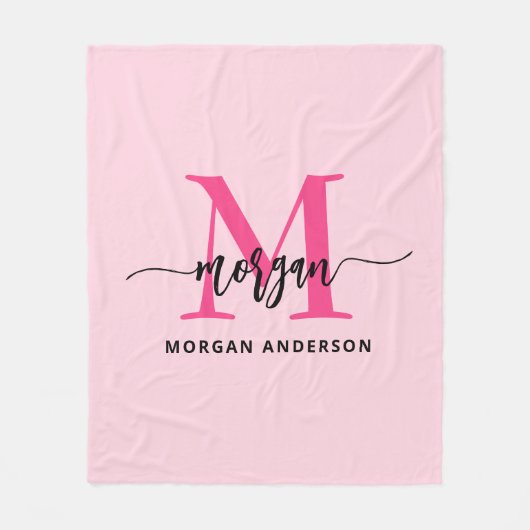 Hot Pink Modern Script Girly Monogram Naam Fleece Deken (Voorkant)
