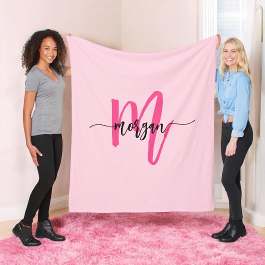 Hot Pink Modern Script Girly Monogram Naam Fleece Deken