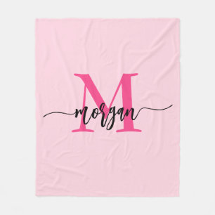 Hot Pink Modern Script Girly Monogram Naam Fleece Deken