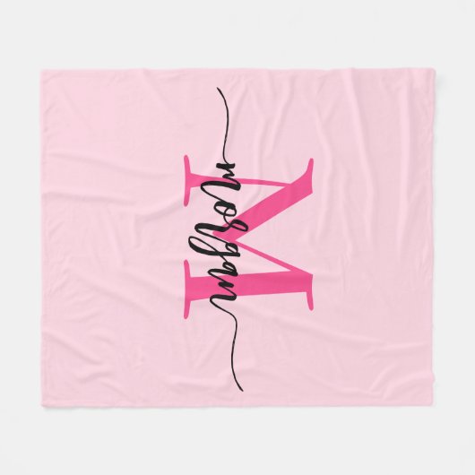 Hot Pink Modern Script Girly Monogram Naam Fleece Deken (Voorkant (Horizontaal))