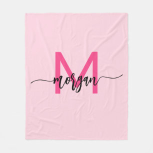 Hot Pink Modern Script Girly Monogram Naam Fleece Deken