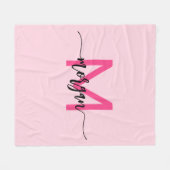 Hot Pink Modern Script Girly Monogram Naam Fleece Deken (Voorkant (Horizontaal))
