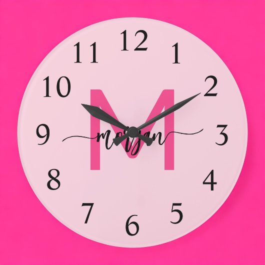 Hot Pink Modern Script Girly Monogram Naam Grote Klok
