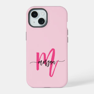 Hot Pink Modern Script Girly Monogram Naam iPhone 15 Case