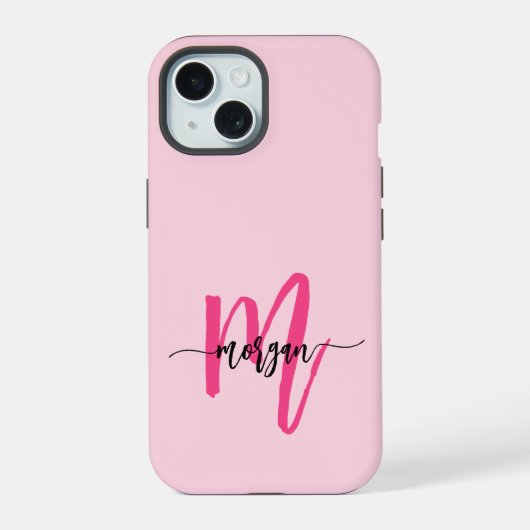 Hot Pink Modern Script Girly Monogram Naam iPhone 15 Case (Achterkant)