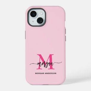 Hot Pink Modern Script Girly Monogram Naam iPhone 15 Case