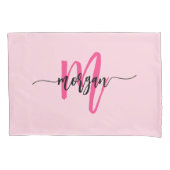 Hot Pink Modern Script Girly Monogram Naam Kussensloop (Voorkant)