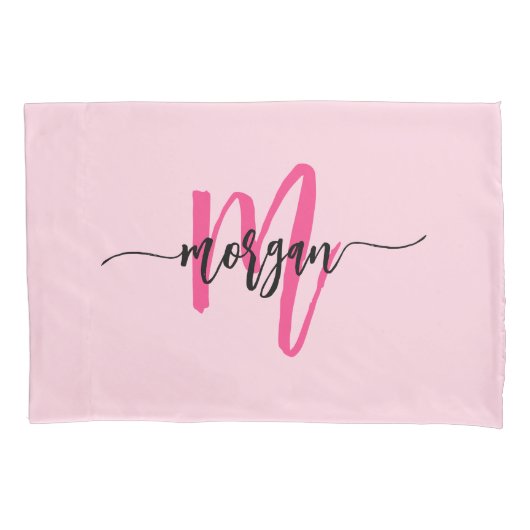 Hot Pink Modern Script Girly Monogram Naam Kussensloop (Voorkant)