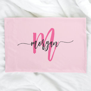 Hot Pink Modern Script Girly Monogram Naam Kussensloop