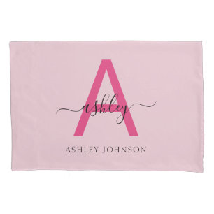 Hot Pink Modern Script Girly Monogram Naam Kussensloop