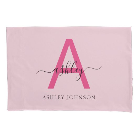 Hot Pink Modern Script Girly Monogram Naam Kussensloop (Voorkant)