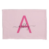 Hot Pink Modern Script Girly Monogram Naam Kussensloop (Voorkant)
