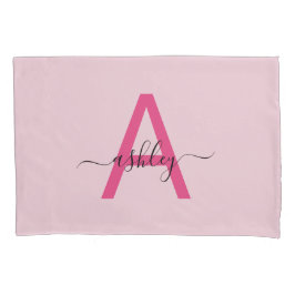 Hot Pink Modern Script Girly Monogram Naam Kussensloop