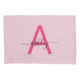 Hot Pink Modern Script Girly Monogram Naam Kussensloop
