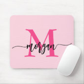 Hot Pink Modern Script Girly Monogram Naam Muismat (Met muis)