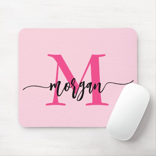 Hot Pink Modern Script Girly Monogram Naam Muismat (Met muis)