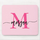 Hot Pink Modern Script Girly Monogram Naam Muismat (Voorkant)