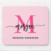 Hot Pink Modern Script Girly Monogram Naam Muismat (Voorkant)