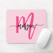 Hot Pink Modern Script Girly Monogram Naam Muismat (Met muis)