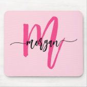 Hot Pink Modern Script Girly Monogram Naam Muismat (Voorkant)