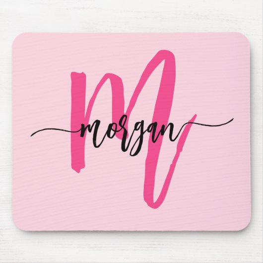 Hot Pink Modern Script Girly Monogram Naam Muismat (Voorkant)