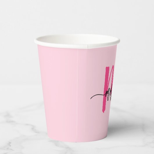Hot Pink Modern Script Girly Monogram Naam Papieren Bekers (Rechts)