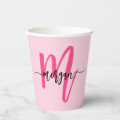 Hot Pink Modern Script Girly Monogram Naam Papieren Bekers (Voorkant)