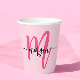 Hot Pink Modern Script Girly Monogram Naam Papieren Bekers