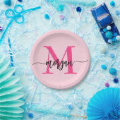 Hot Pink Modern Script Girly Monogram Naam Papieren Bordje (Feest)