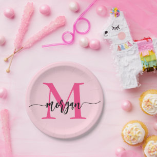 Hot Pink Modern Script Girly Monogram Naam Papieren Bordje