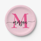 Hot Pink Modern Script Girly Monogram Naam Papieren Bordje (Voorkant)