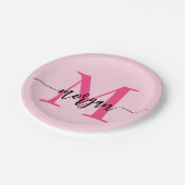 Hot Pink Modern Script Girly Monogram Naam Papieren Bordje (Gekanteld)