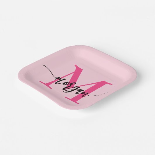Hot Pink Modern Script Girly Monogram Naam Papieren Bordje (Gebogen)