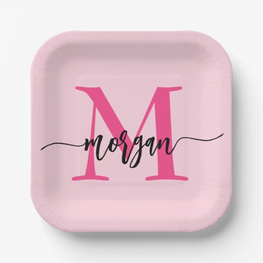 Hot Pink Modern Script Girly Monogram Naam Papieren Bordje (Voorkant)