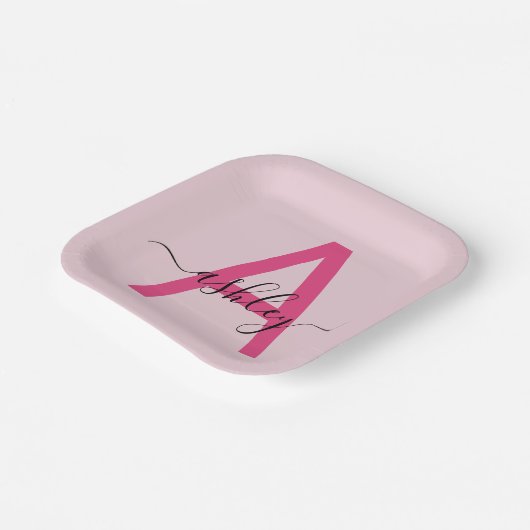 Hot Pink Modern Script Girly Monogram Naam Papieren Bordje (Gebogen)