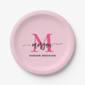 Hot Pink Modern Script Girly Monogram Naam Papieren Bordje (Voorkant)