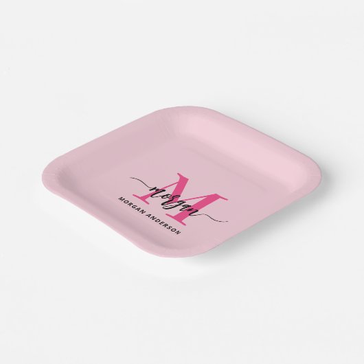 Hot Pink Modern Script Girly Monogram Naam Papieren Bordje (Gebogen)