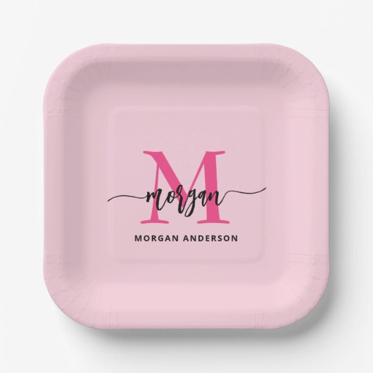 Hot Pink Modern Script Girly Monogram Naam Papieren Bordje (Voorkant)