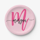 Hot Pink Modern Script Girly Monogram Naam Papieren Bordje (Voorkant)