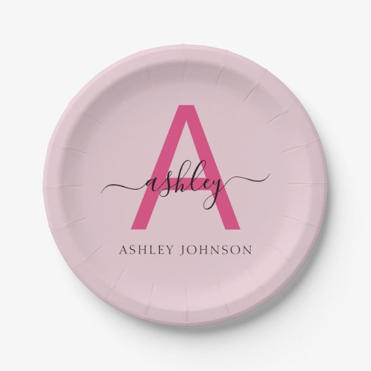 Hot Pink Modern Script Girly Monogram Naam Papieren Bordje (Voorkant)