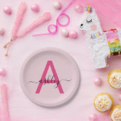 Hot Pink Modern Script Girly Monogram Naam Papieren Bordje (Feest)