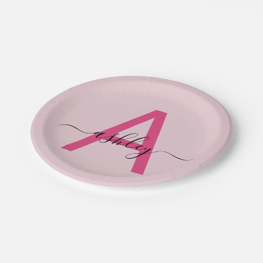 Hot Pink Modern Script Girly Monogram Naam Papieren Bordje (Gekanteld)