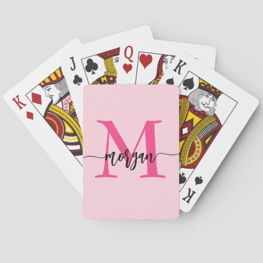 Hot Pink Modern Script Girly Monogram Naam Pokerkaarten (Achterkant)